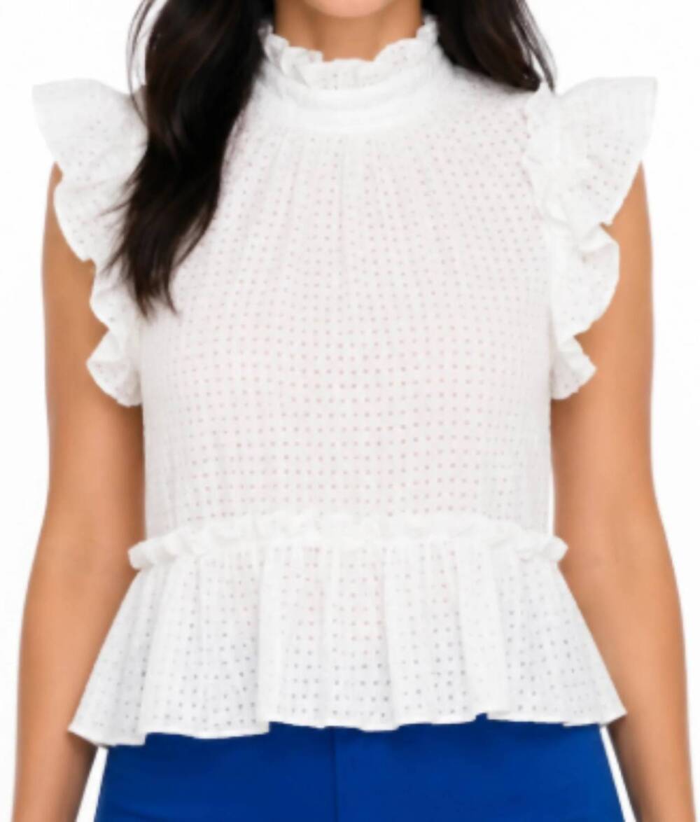 NEW MEET ME IN SANTORINI breeze high neck ruffle sleeveless top in white